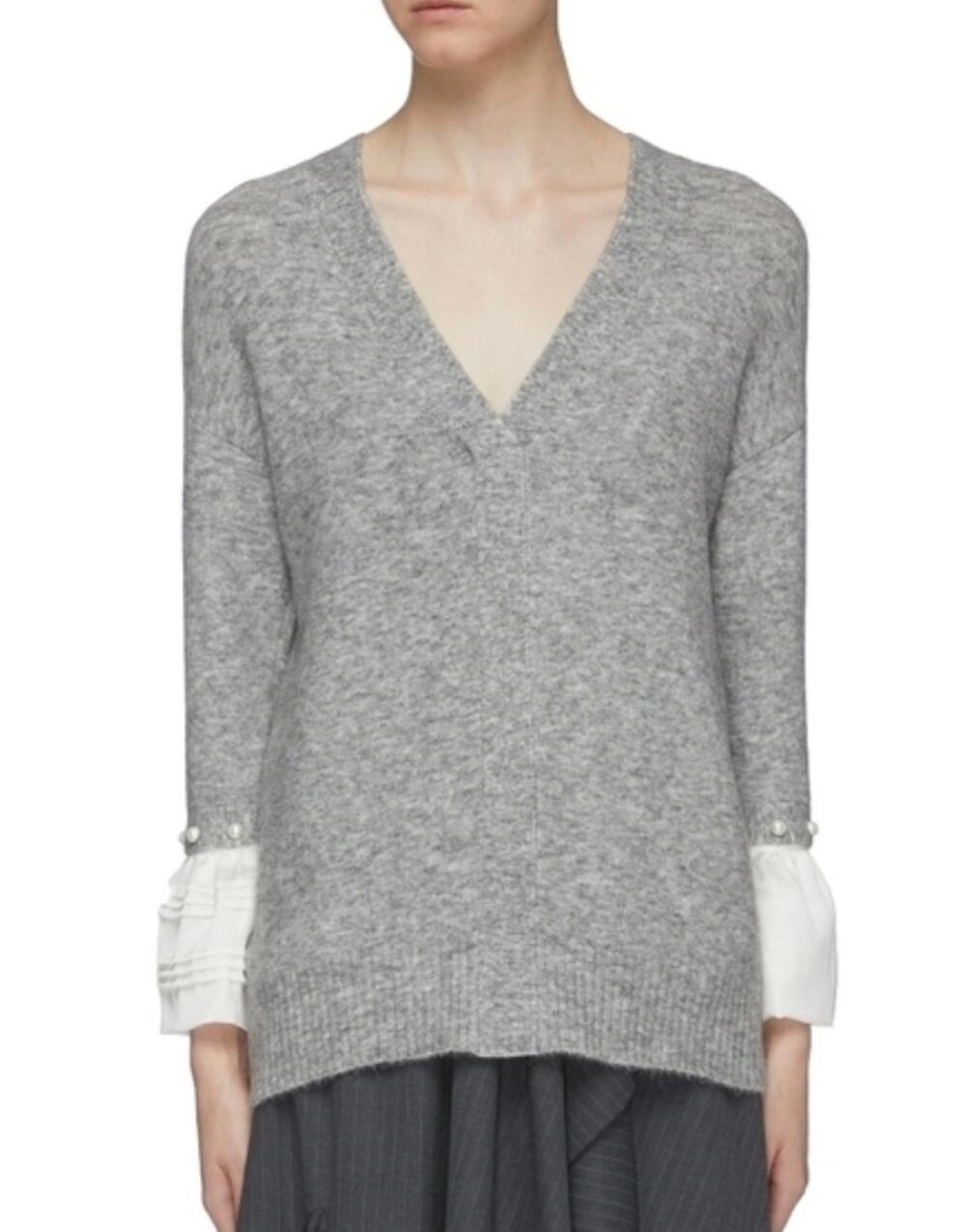 3.1 Phillip Lim Sweater Women XS Gray Alpaca Wool V-Neck Pearl Ruffle Cuff NWT